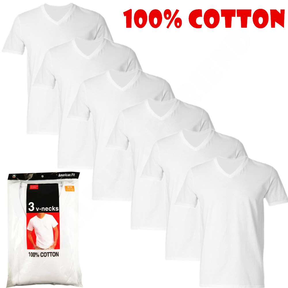 New 6 Pack Mens 100% Cotton Tagless V-Neck T-Shirt Undershirt Tee White S-XL