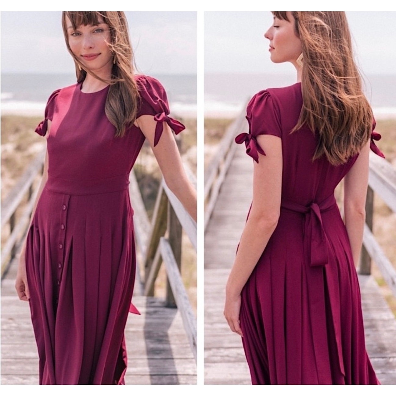 Gal Meets Glam Burgundy Midi Dress Tie Sleeve Pleated Skirt NWT Size 4
