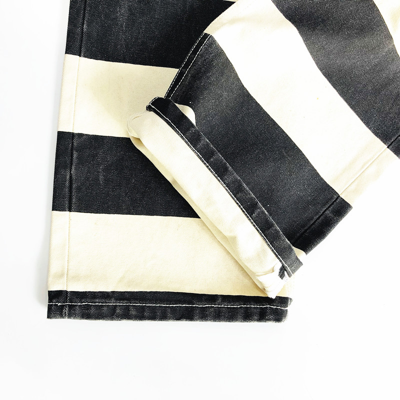 BOB DONG Retro Prisoner Striped Motorcycle Pants Men Casual Biker Trousers Thick
