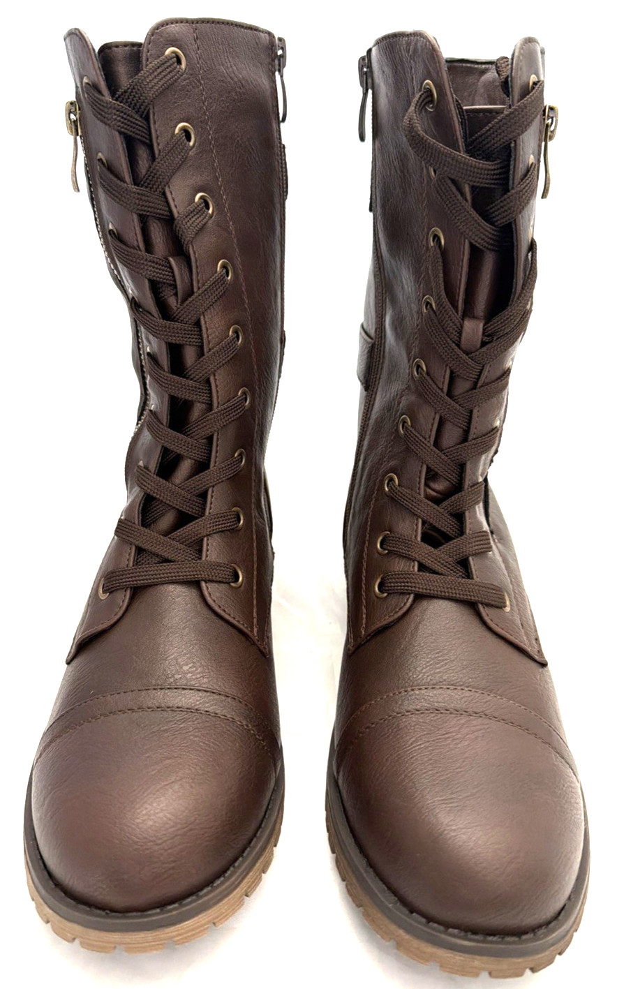 Burudani Women’s Brown Leather Combat Boots Size US 10 / EUR 41.5 Lace-Up Zipper