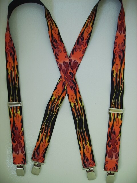 Men’s X Style Red Orange Flame Suspenders. Snaps, Clips Button. USA Made