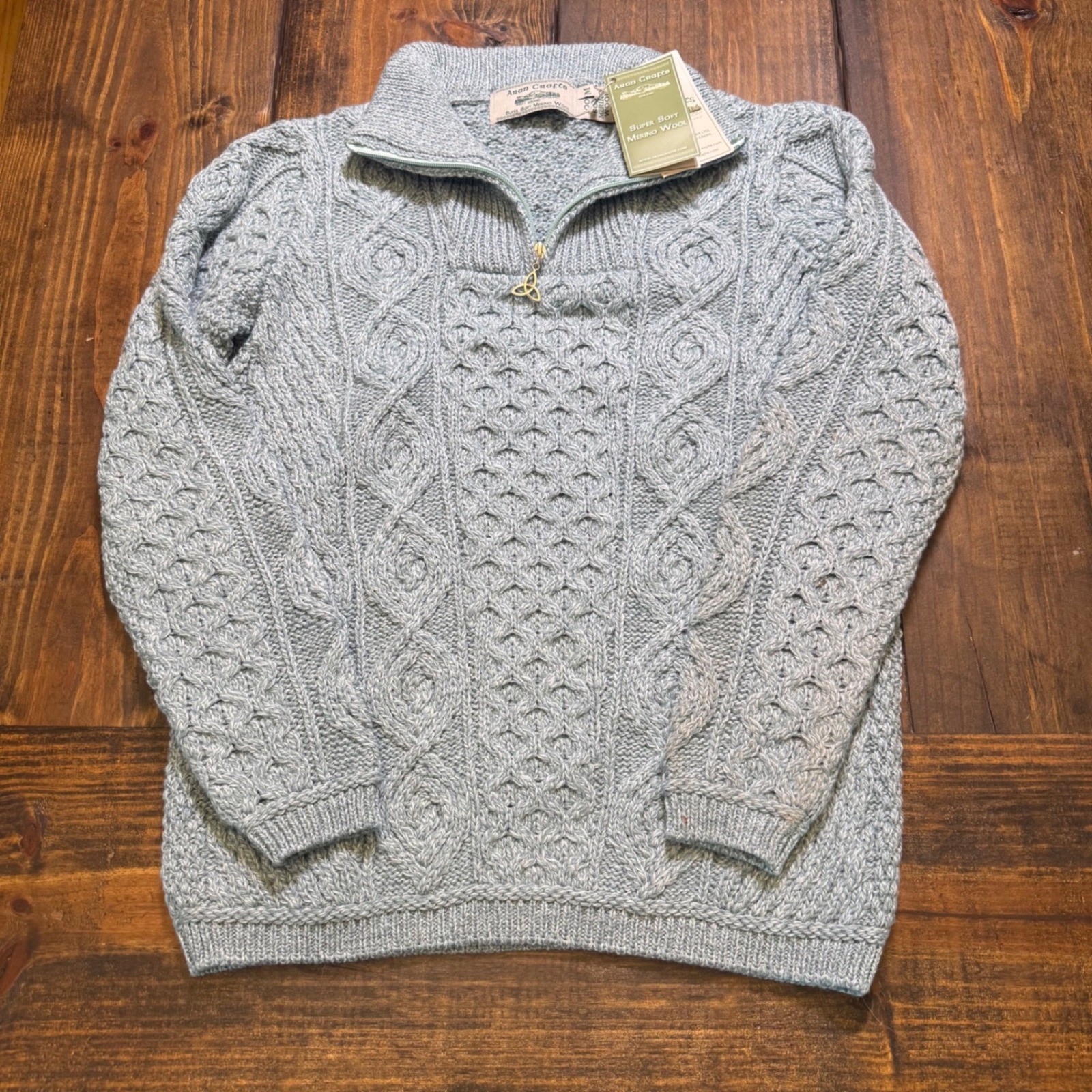 Aran Crafts Headford Half Zip Sweater Mermaid Blue 100% Merino Wool Ireland M