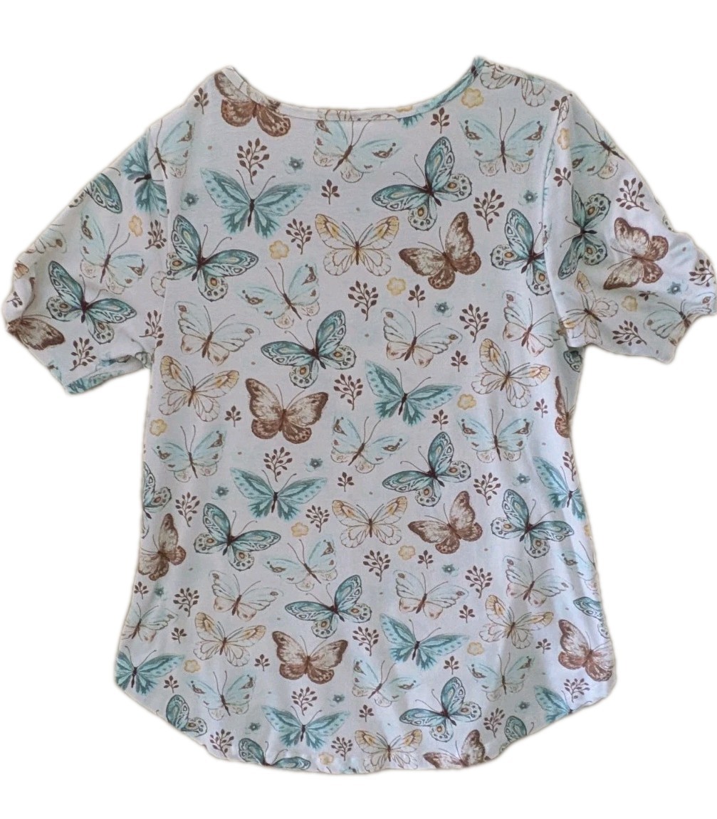 Lularoe Long White w/Blue/Brown Butterflies Scoop Neck Tee Sz M Womens Whimsy