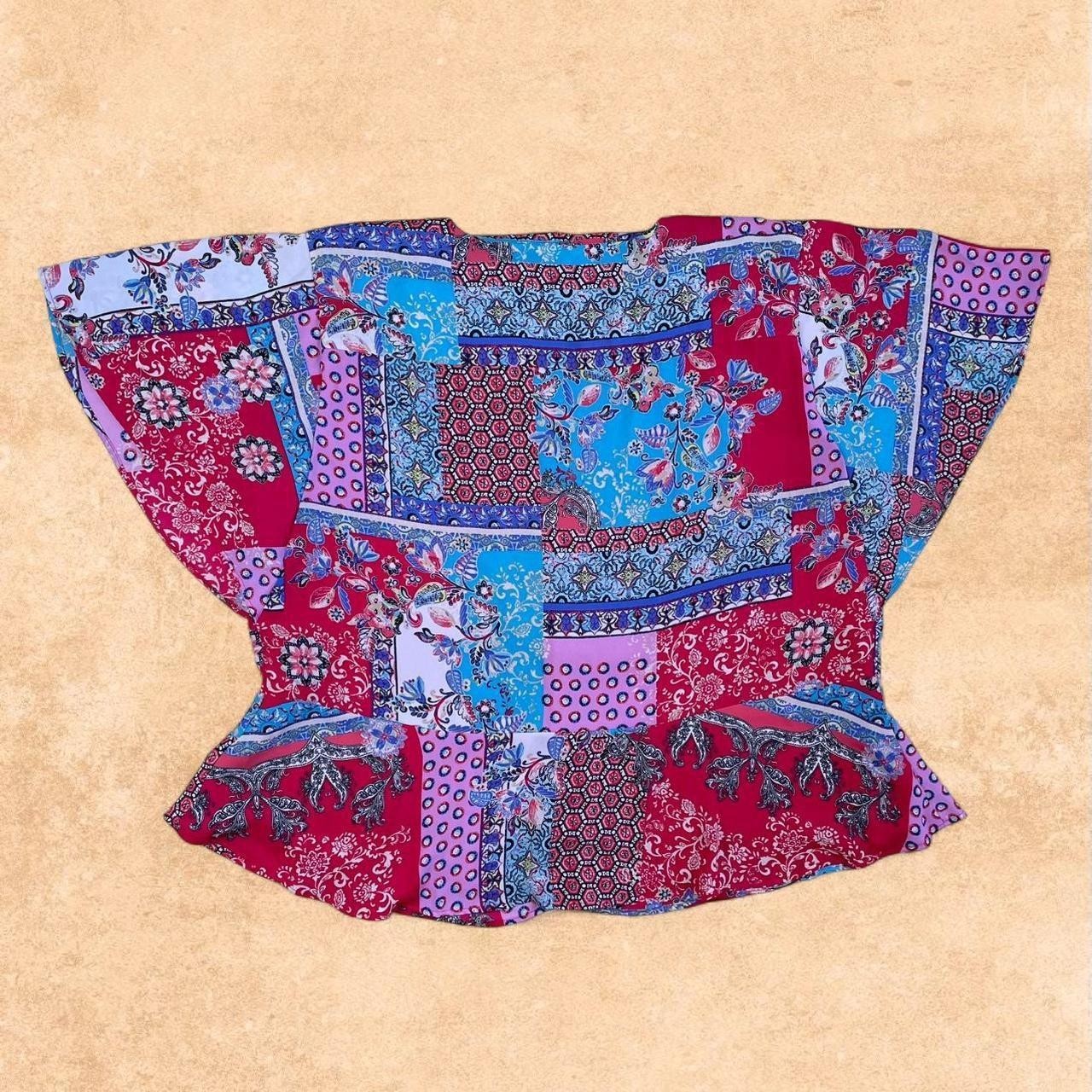 Chicos Blouse Boho Patchwork Scarf Bandanna Print Floral Flutter Sz 3P (16-18)