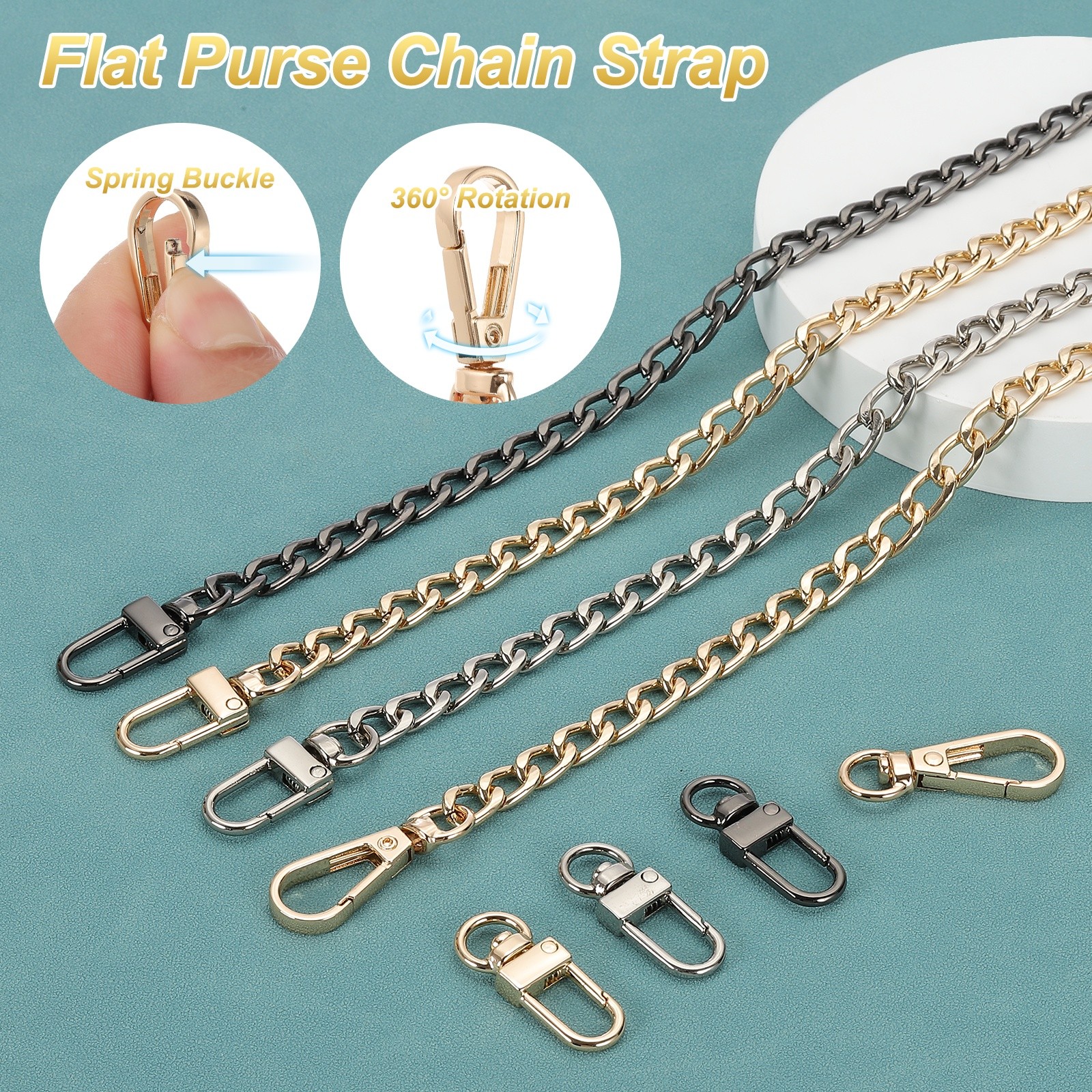 11.8″ Flat Purse Chain Strap Lobster Swivel Trigger Clips Style2 Gold