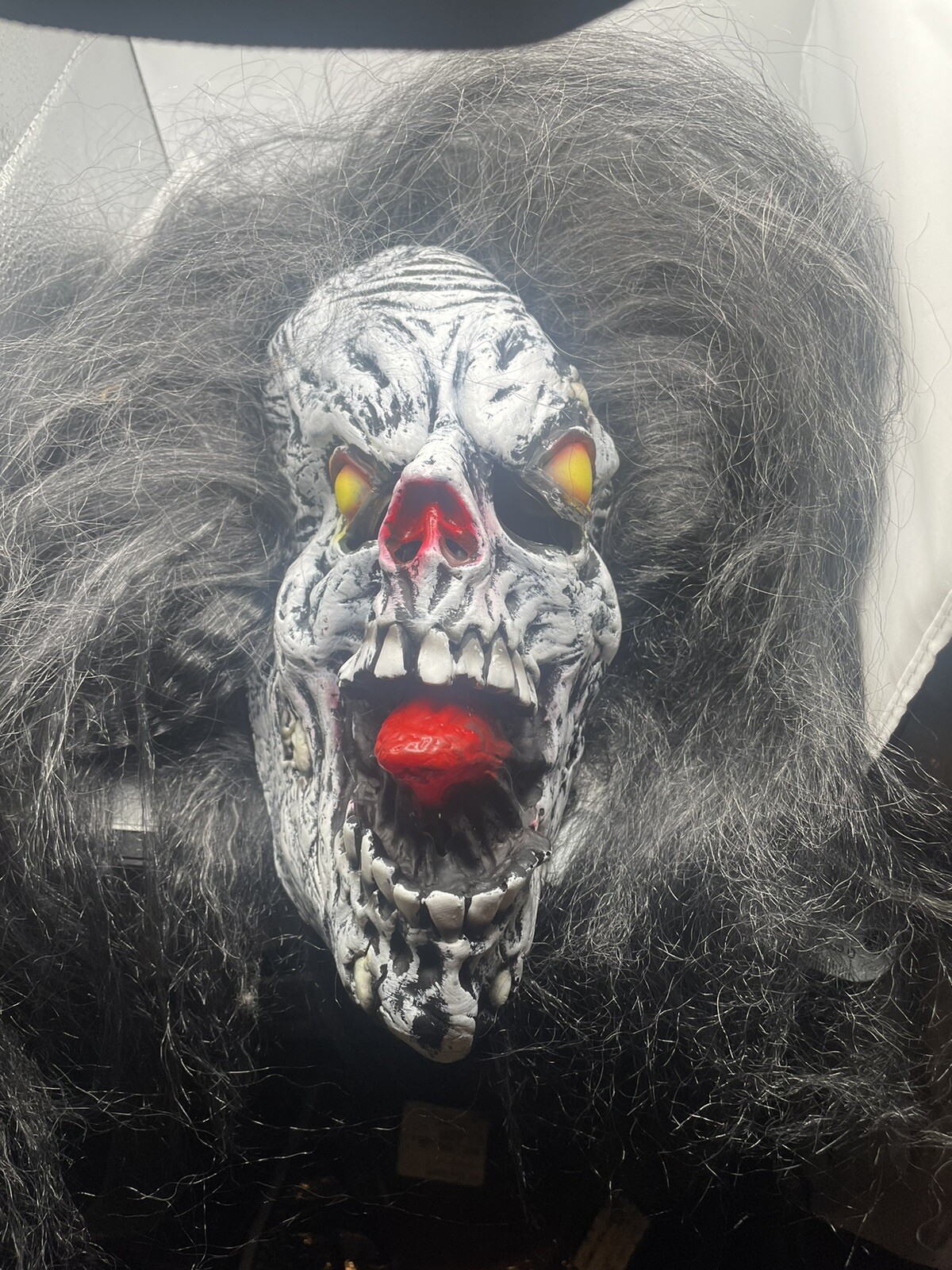 Halloween Skull Mask Attached Wild Hair & Open Mouth W/ Red Tongue Costume.