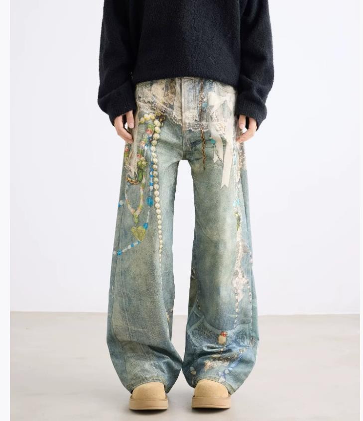 Men’s Retro Blue Denim Straight Leg Printed Jeans Punk Hip Hop Casual Trousers