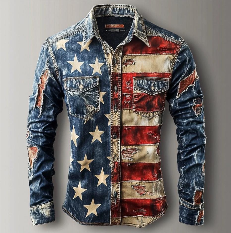 Mens Blue Denim Color Jean Flag Printed Button Shirt Casual Punk Hip Hop Fashion