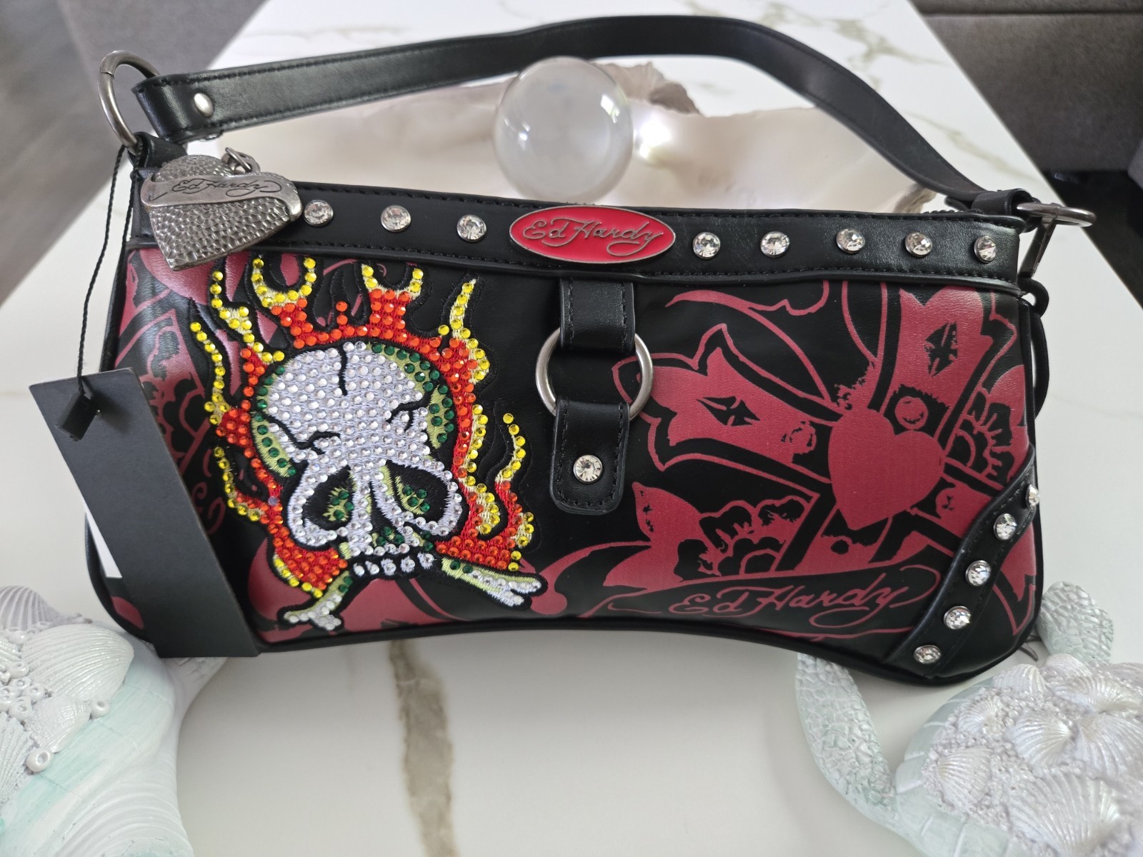 ​🔥 NWT Ed Hardy Y2K Baguette Bag – Rhinestone Skull & Flames – Smooth 🔥
