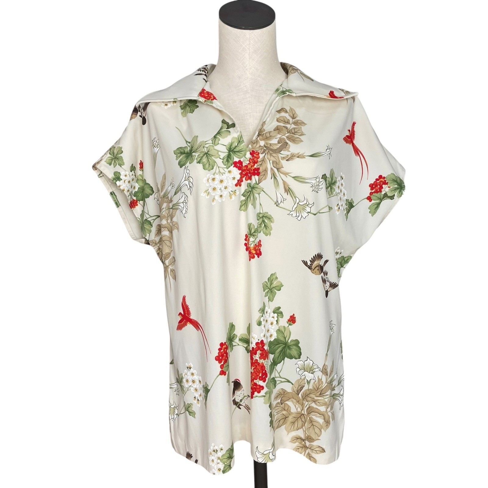 Vintage Top Birds Floral Print Blouse Women White Short Sleeve Oriental Pattern