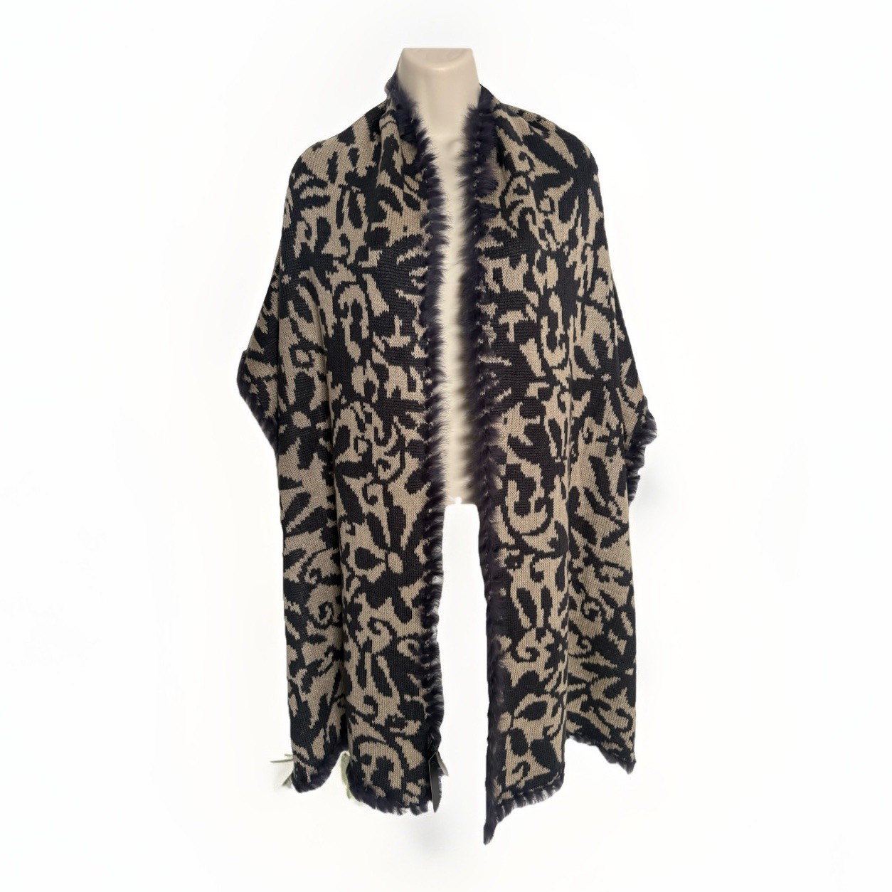 Pretty Persuasions NWT Tan/Black Fur Trimmed Wrap, 78 “ x 18” ~ 100% Acrylic