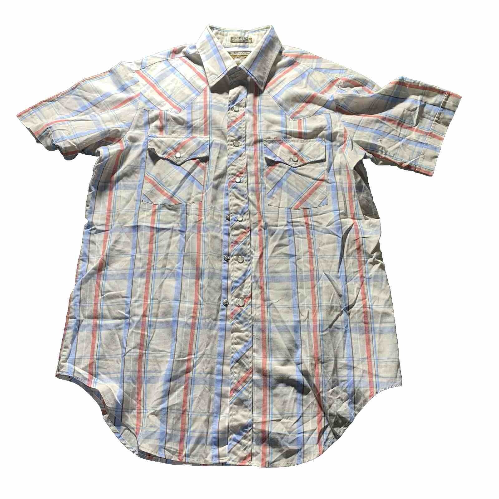 Plainsman Western Pearl Snap Plaid Shirt Mens LG Pink Blue Extra Long Tails