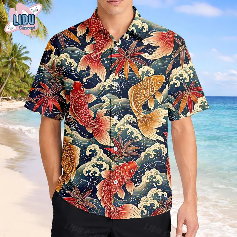 Koi Fish Asian Nautical Hawaiian Shirt Mens Beach Aloha Print