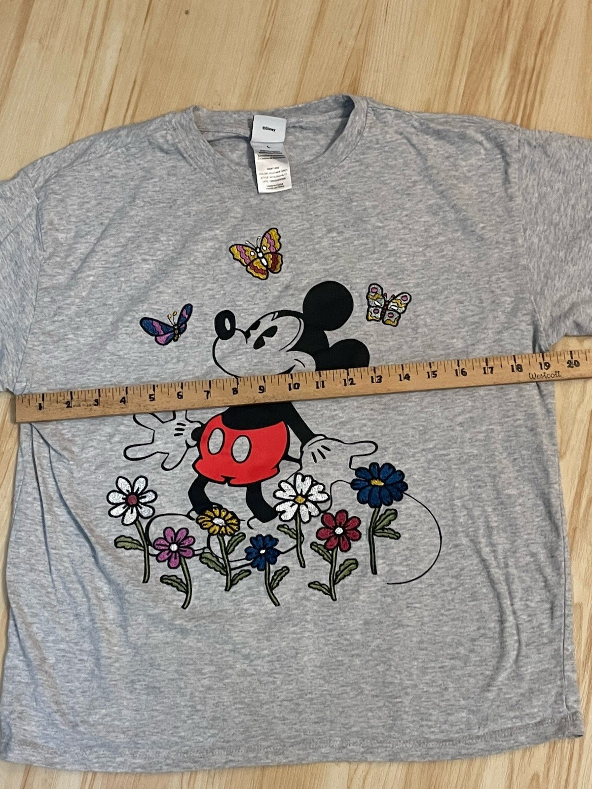 Disney Mickey Mouse Heather Gray Tee Embroidery Flowers & Butterfly’s Size Large