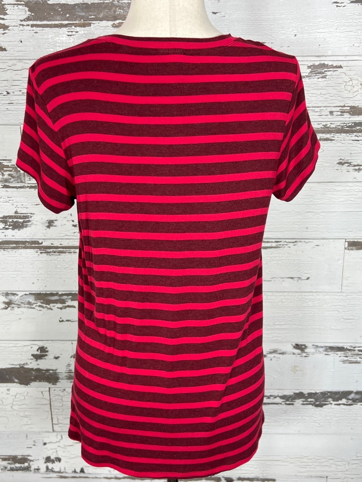 CABI Sweet Talk Peplum Tee Short Sleeve Garnet Stripe Sz S #3631 EUC