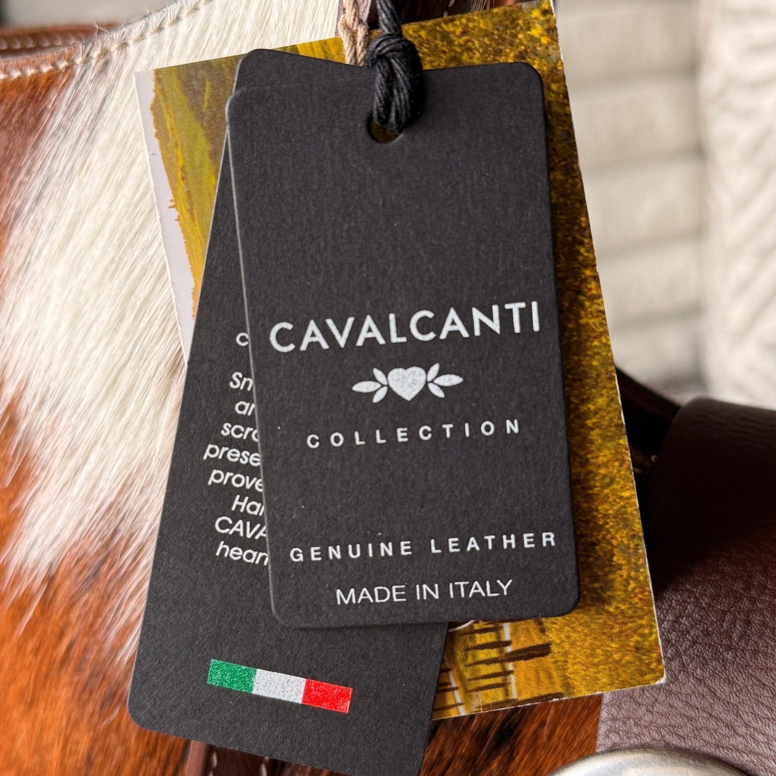 Cavalcanti Cowhide Leather Tote Bag Brown White Made in Italy Western Buckle NEW