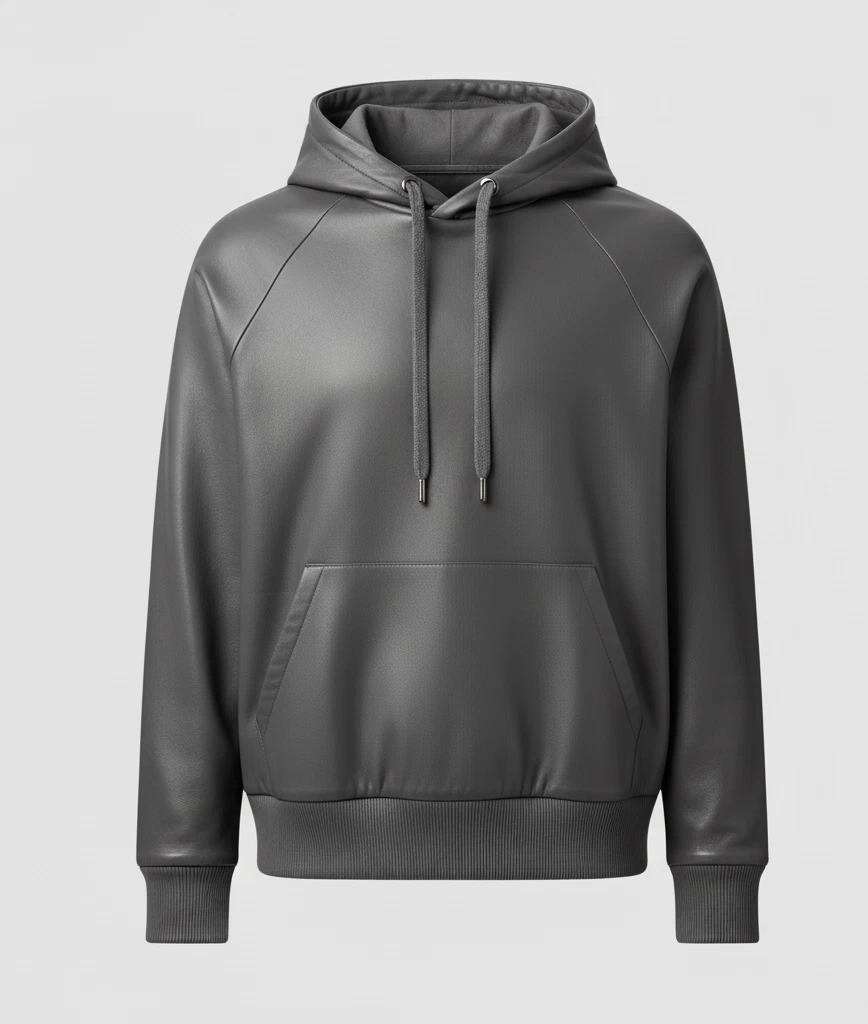 Men’s Grey Premium Leather Hoodie Handmade Genuine Lambskin Leather Jacket
