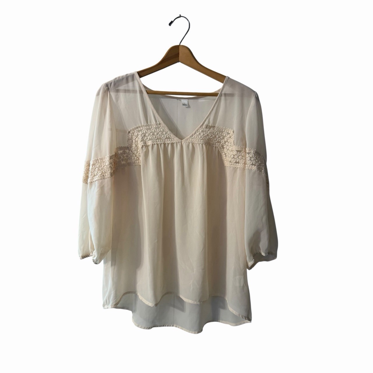 Lace Chiffon Blouse Womens Large Cream Sheer Boho Peasant Top V Neck