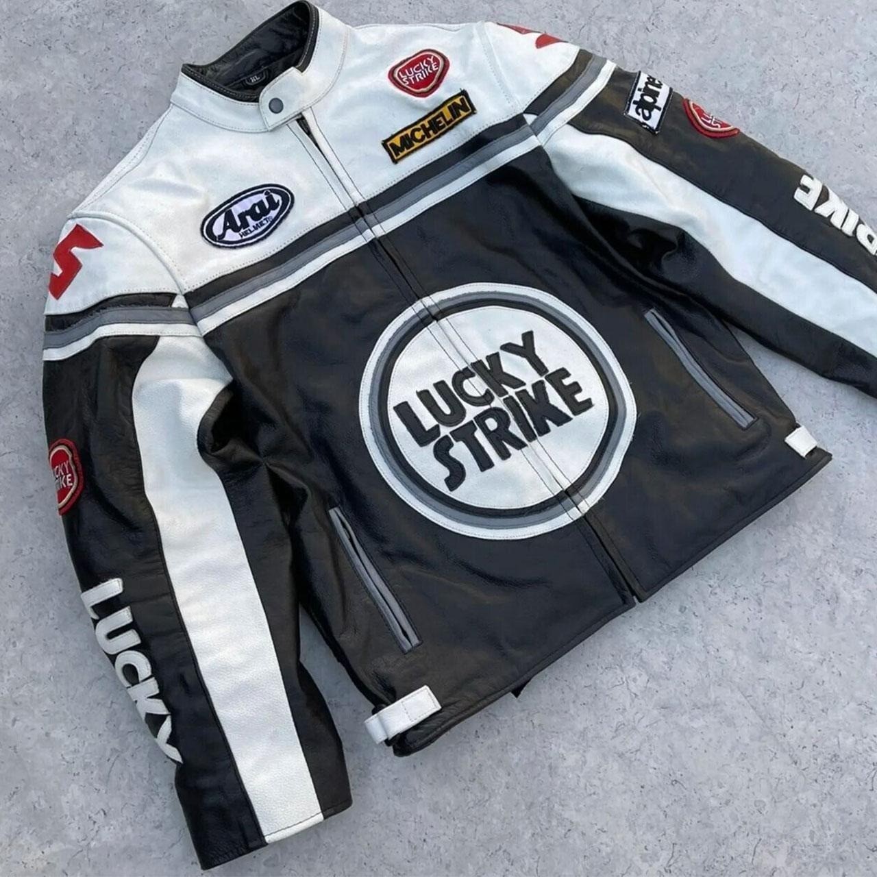 Men’s Lucky Strike Racing Real Leather Jacket Genuine Cowhide Motorcycle Jacket