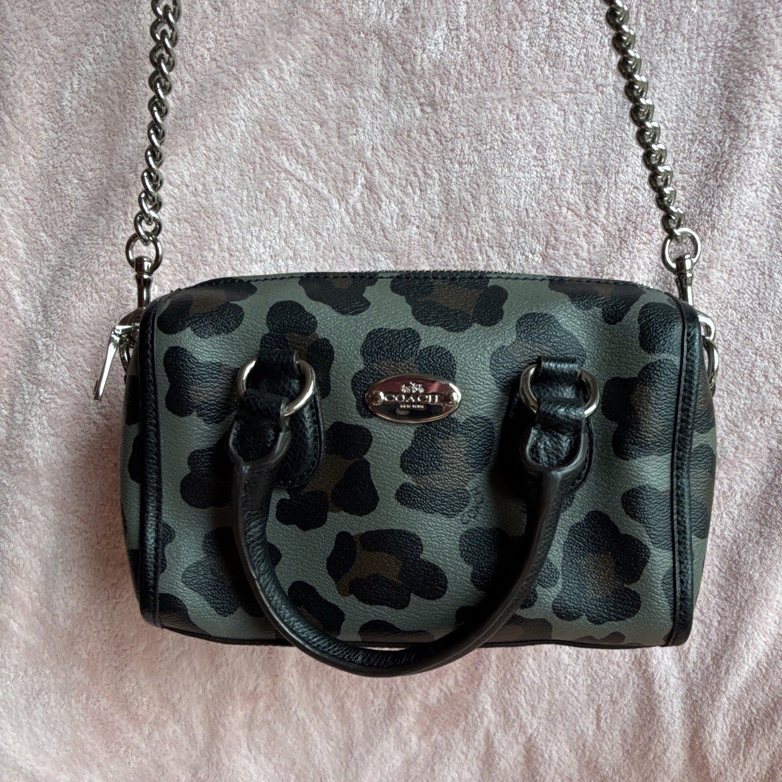 Coach Gray Black Animal Print Satchel Zip Crossbody Bowler Bag Detachable Strap