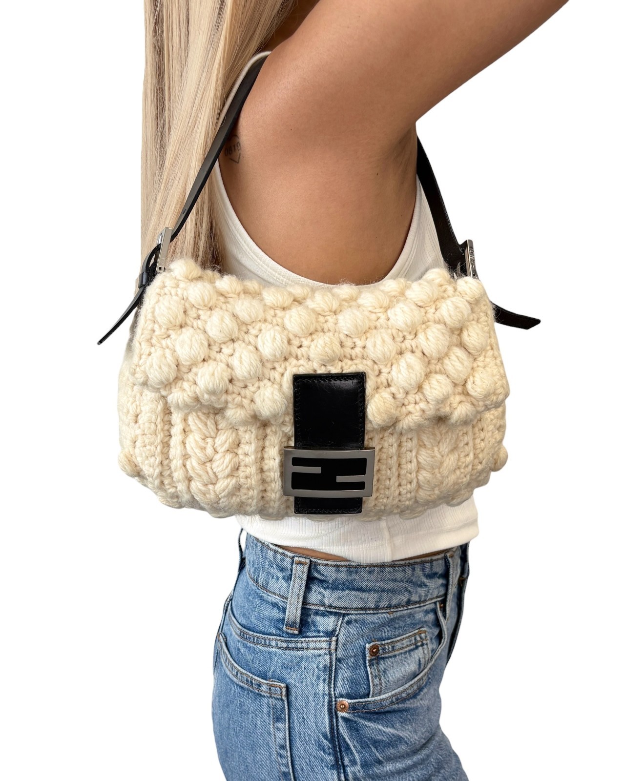 FENDI Vintage FF Logo Wool Knit Mamma Baguette Shoulder Bag Cream Brown 902054