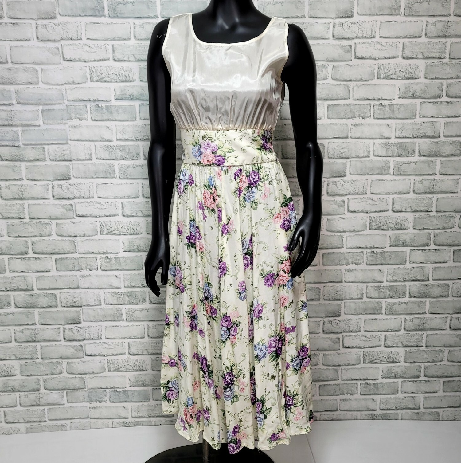 Vintage 80s does 50s Womens S Sheer Rose Floral Midi Day Dress Smocked Waist