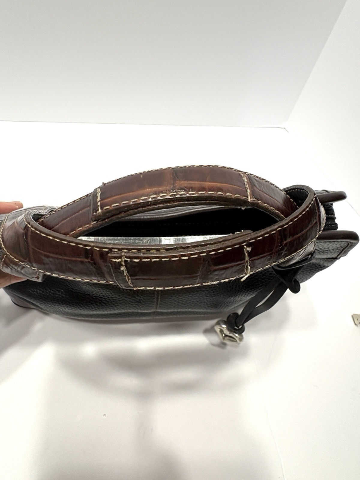 Vintage Brighton Satchel Black Pebbled Leather – Crocodile Embossed Trim