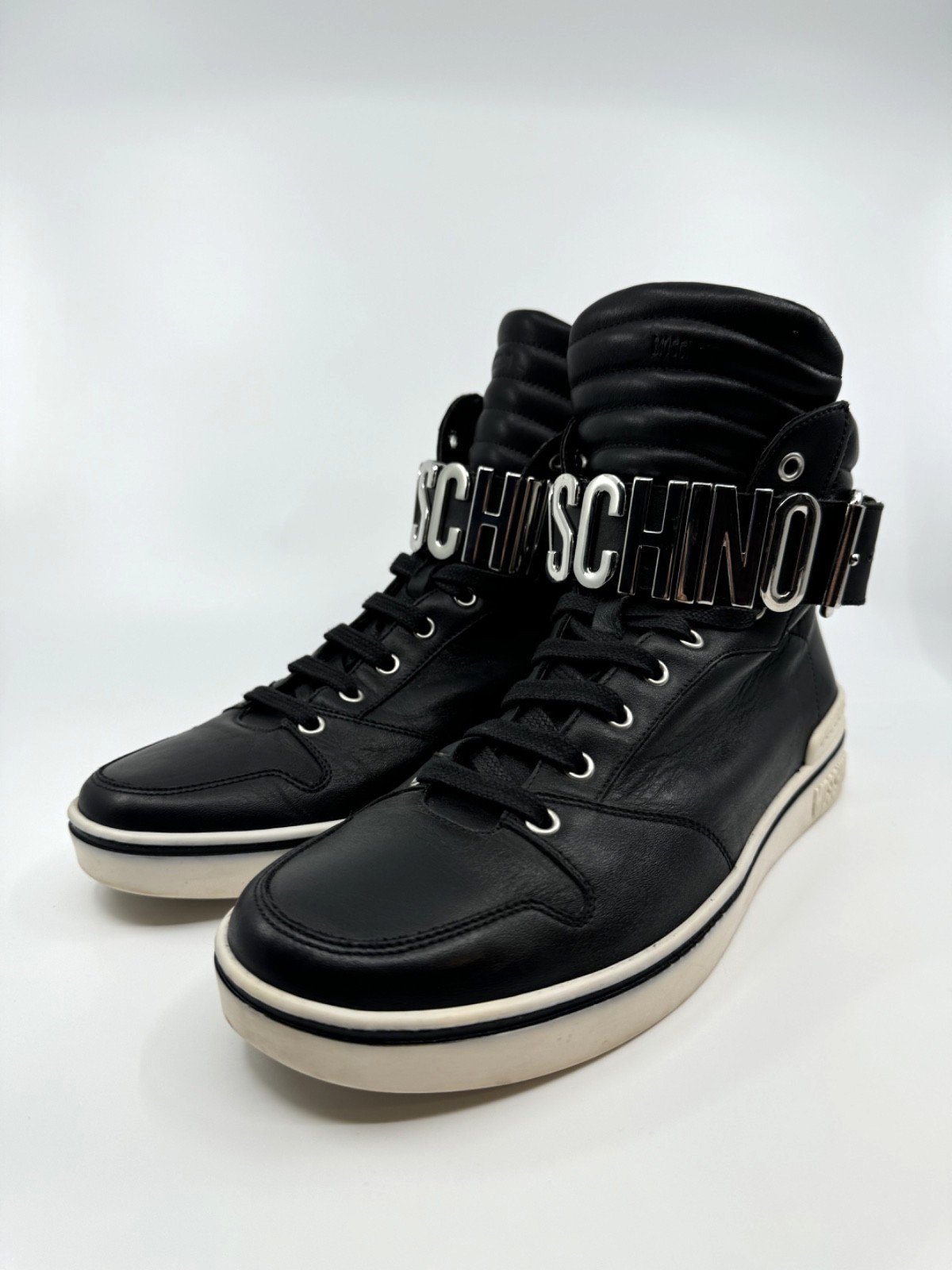 Moschino Mens Leather High Top Sneaker Logo Belt Buckle EU 43 US 10