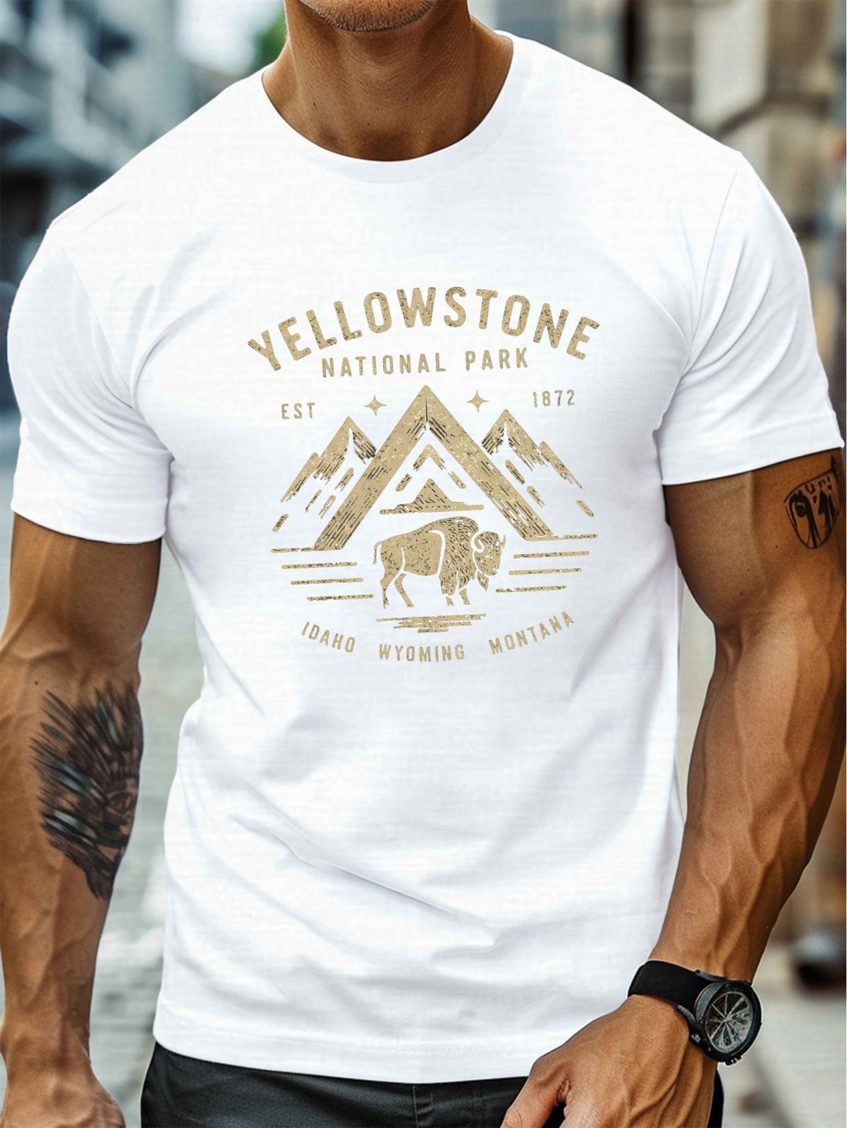 Yellowstone National Park Bison Mountain Graphic T-Shirt Outdoor Adventure Tee