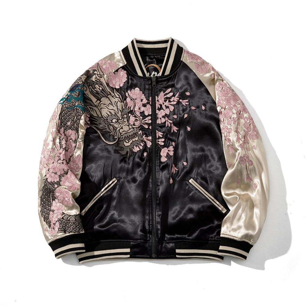 Japanese Embroidered Sukajan Reversible Bomber Jacket 2XL Black Ivory DH-S007