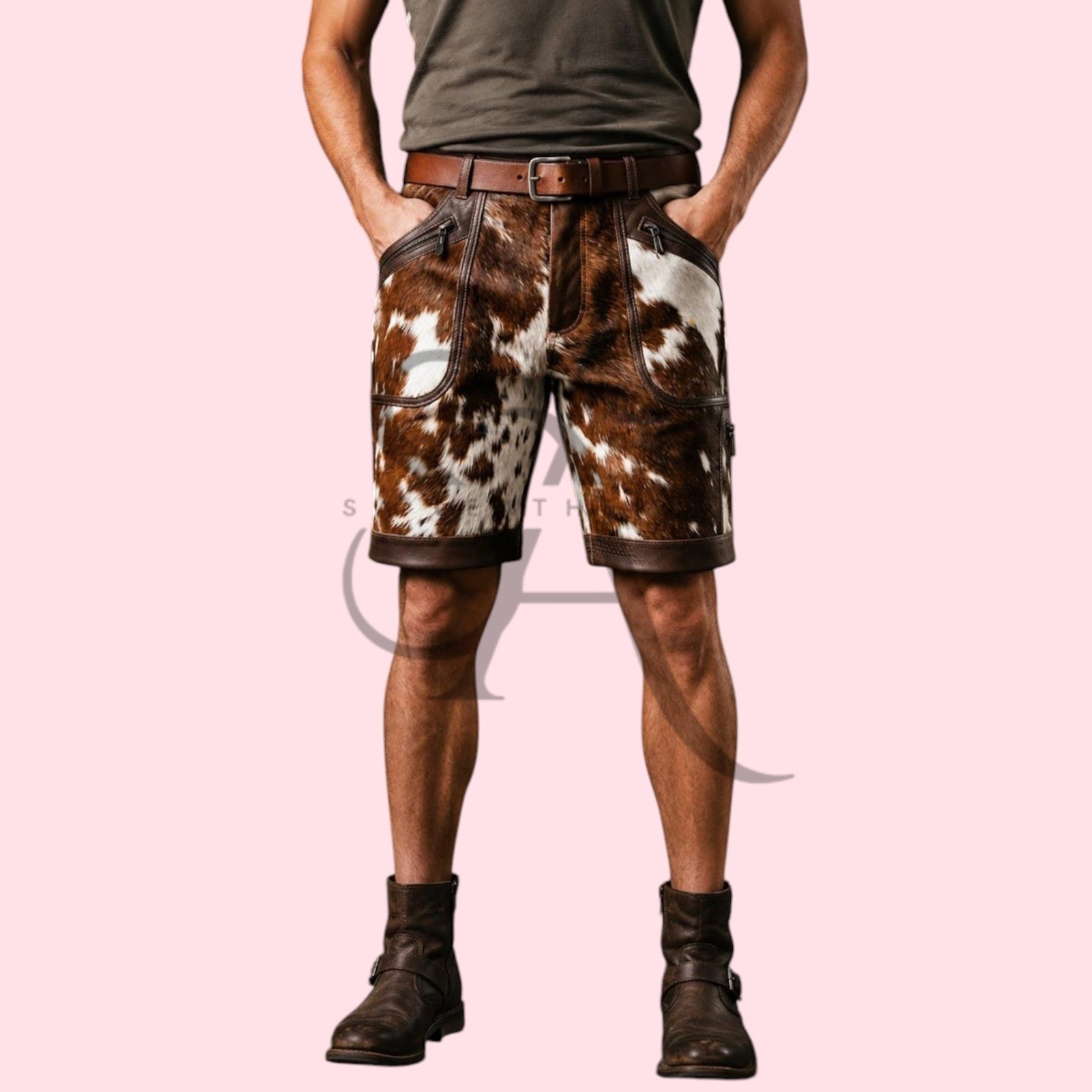 Men’s Real Brown & White Cowhide Leather Shorts Hair On Hide Trimmed Shorts