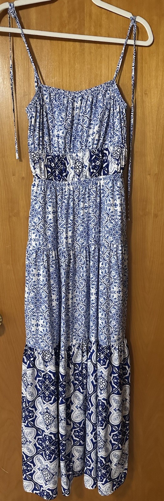 Express Women’s Blue White Mediterranean Spaghetti Strap Tie Maxi Pockets S