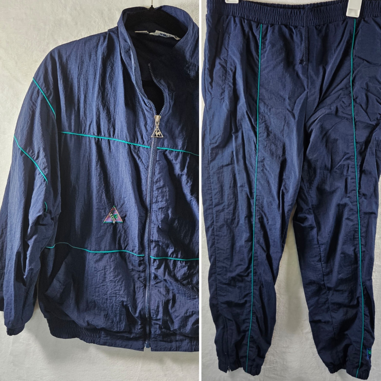 90s Vintage Le Coq Sportif Track Suit Mens Medium Blue Nylon Jacket + Pants