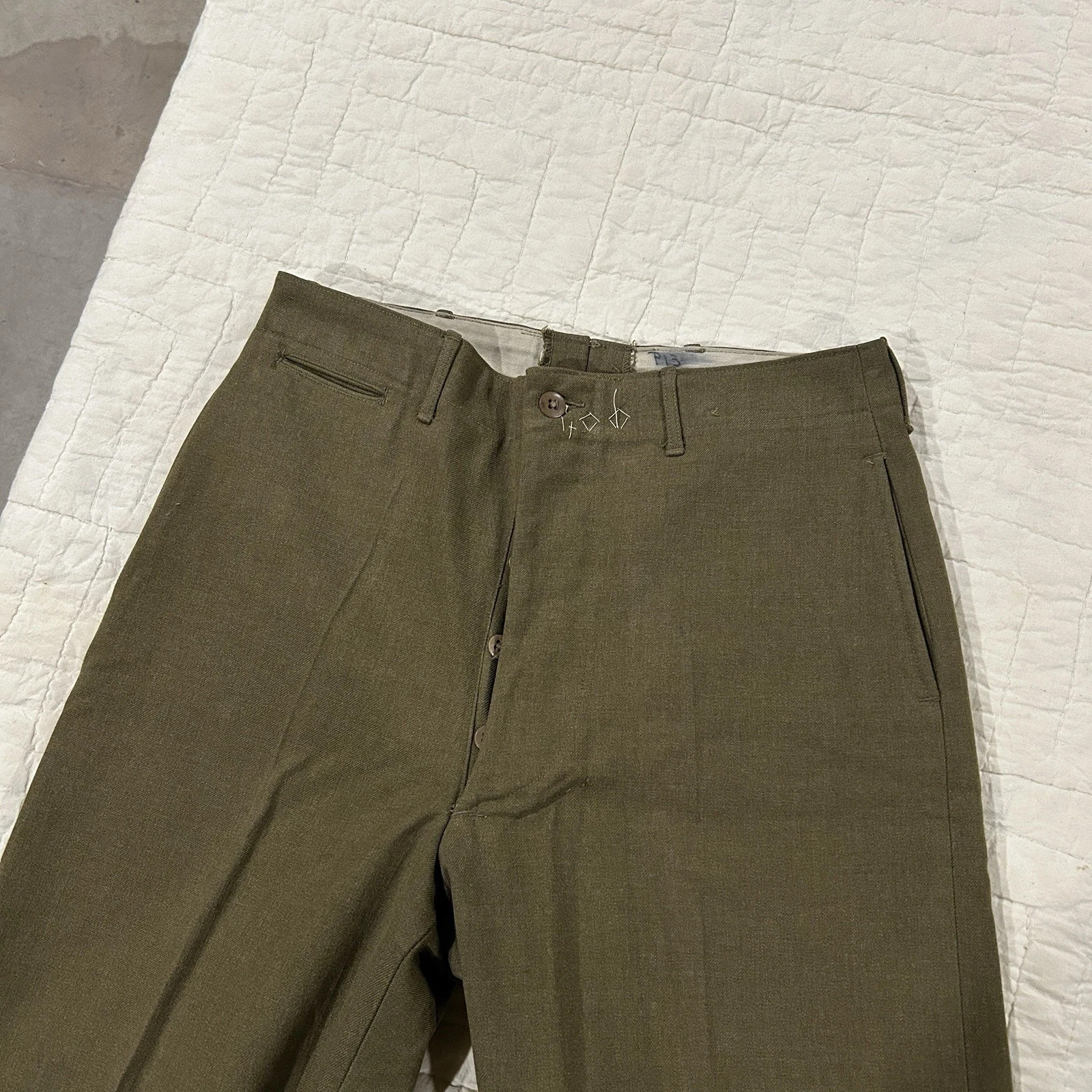 Vintage US Army Wool Dress Trousers Olive Drab 1950s 1960s Button Fly Size 32×32