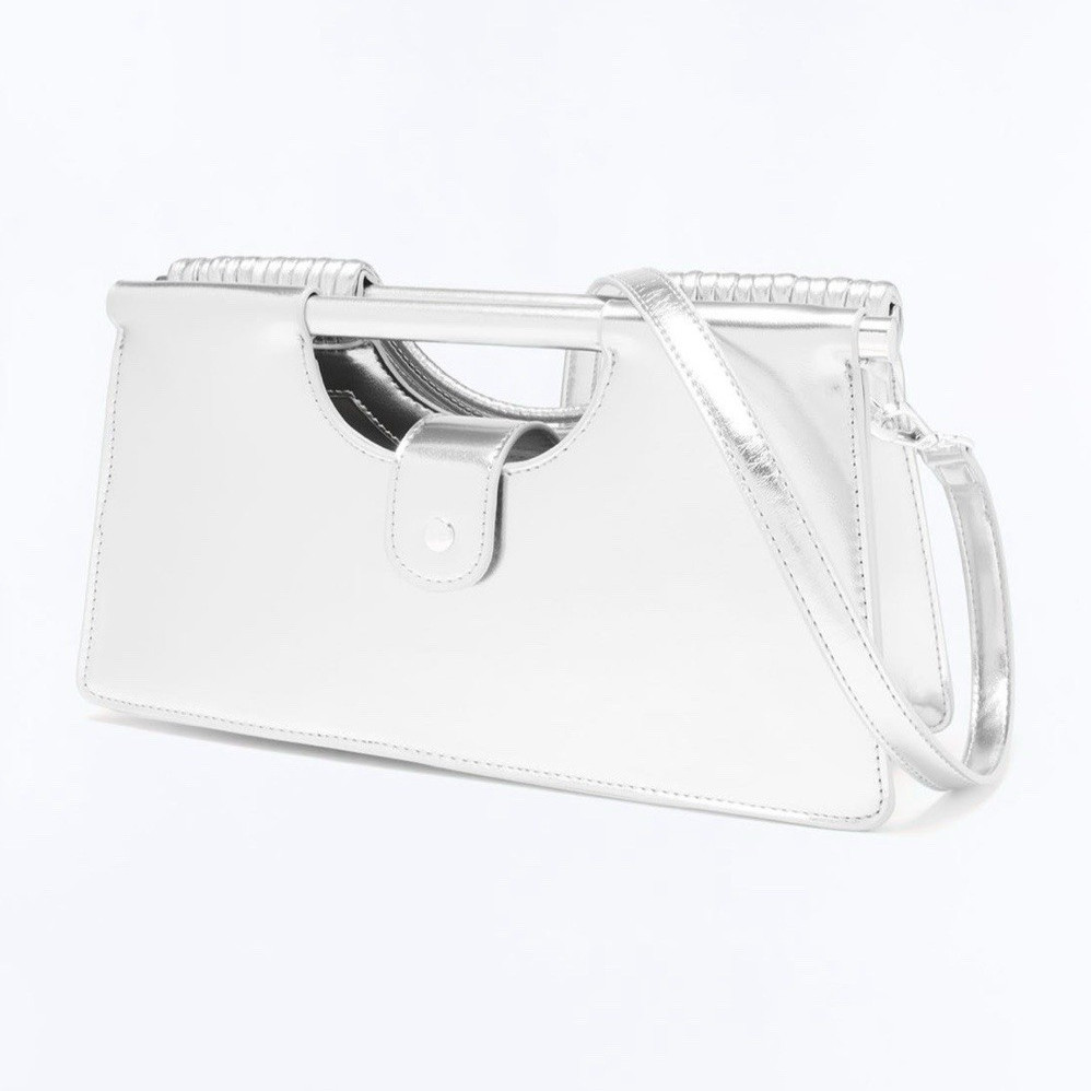 Women’s Metallic Silver Clutch, Top Handle, Detachable Strap, Zip Closure