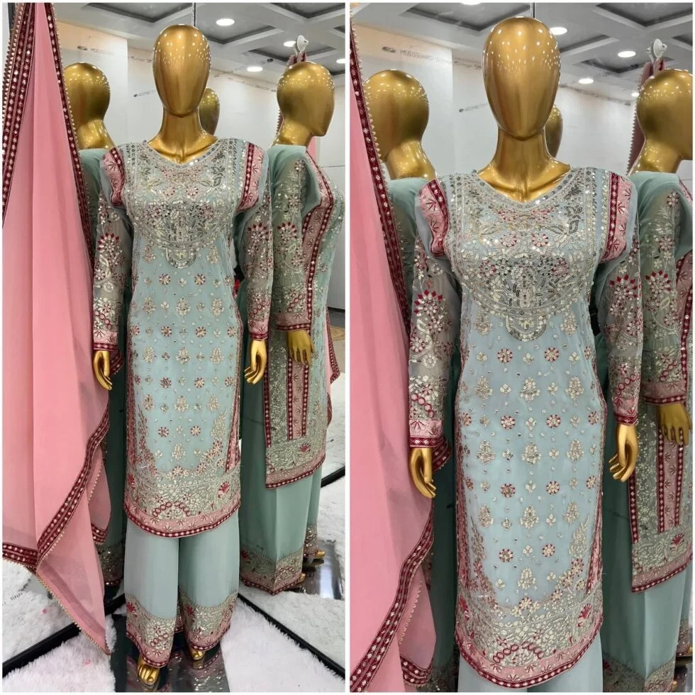 Pakistani Sea Green & Pink Embroidered Suit set Ready to wear for Festivals