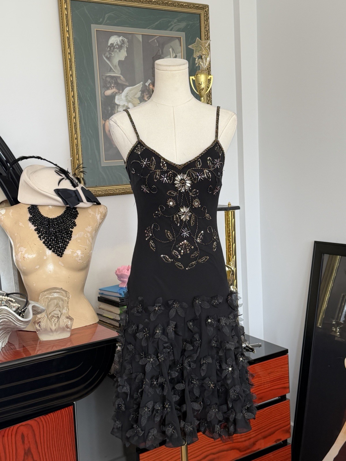 Sue Wong Black Silk Beaded Floral Appliqué Cocktail Dress Size 6 Y2K