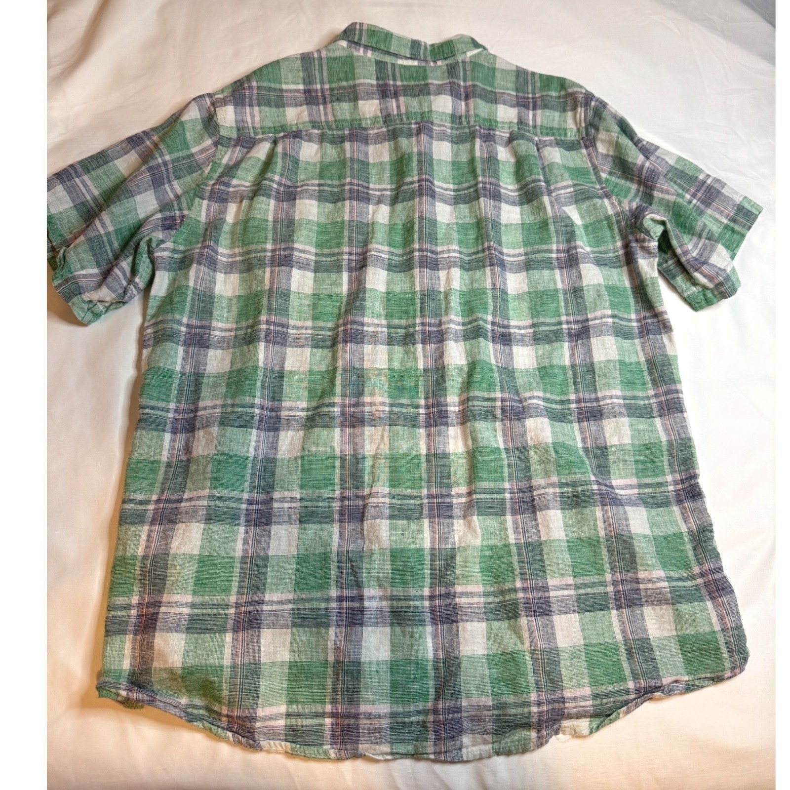 Weatherproof Vintage Mens Large Green Plaid Linen Cotton Short Sleeve Shirt