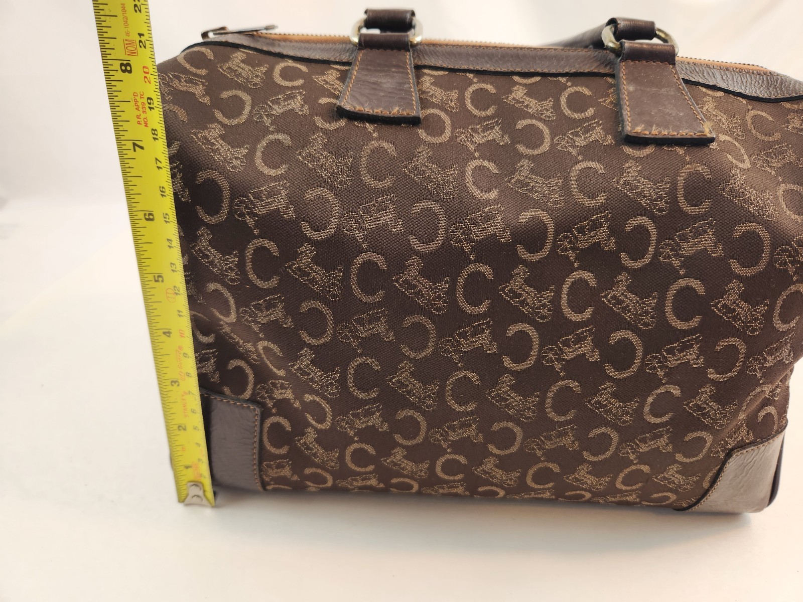 Authentic CELINE C Macadam Canvas Boston Brown Hand Bag Pouch Horse Carriage Old