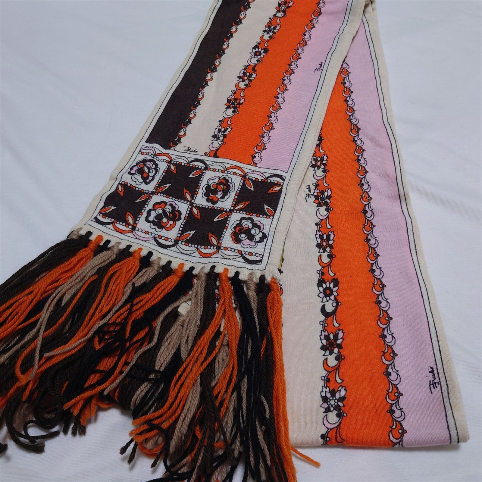 Emilio Pucci Scarf rectangle 200cm 78″ 15cm 5″ viscose wool orange brown pink
