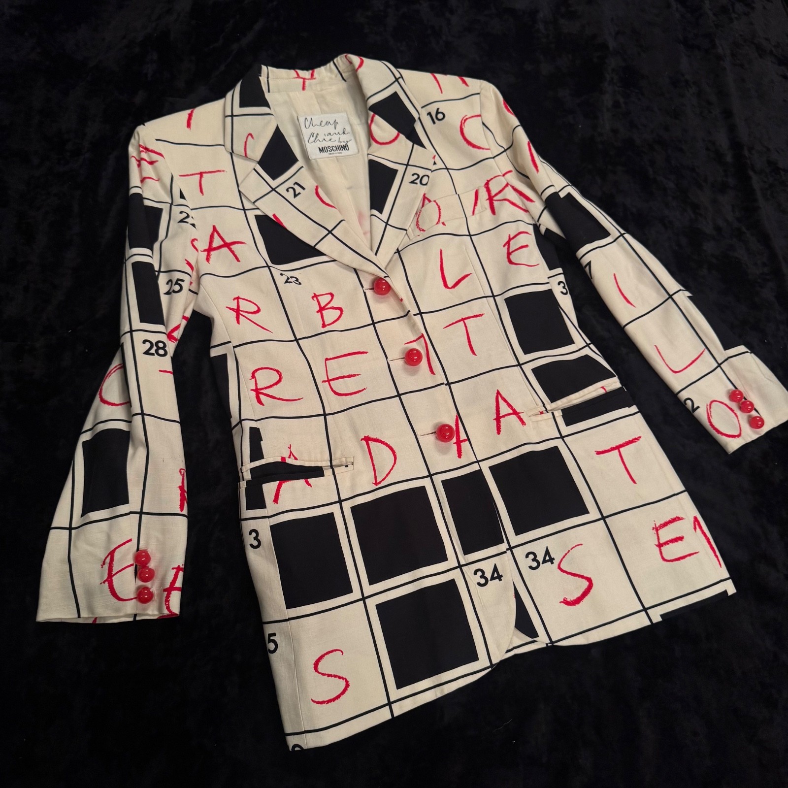 90s Moschino Cheap and Chic Crossword Print Blazer Womens 12 Spiral Buttons