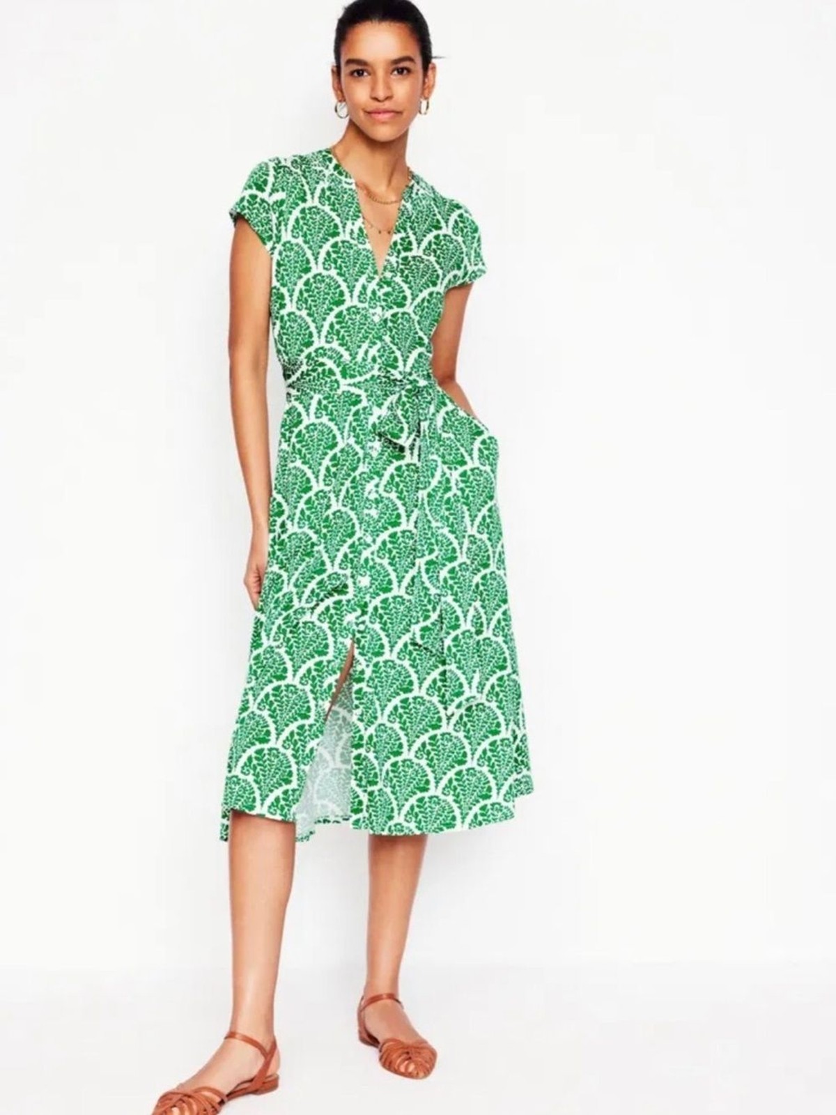 BODEN Sara Jersey Shirt Dress 12 Green Scallop Print Preppy Casual Resort NEW