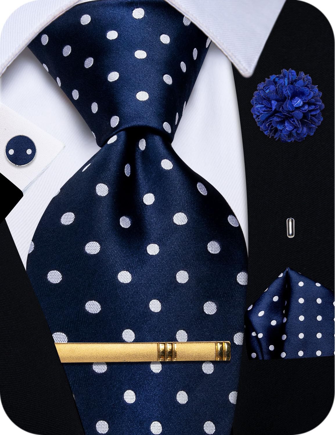 Blue Mens Tie Set Silk Polka Dot Necktie with Lapel Pin Pocket Square Cufflin…