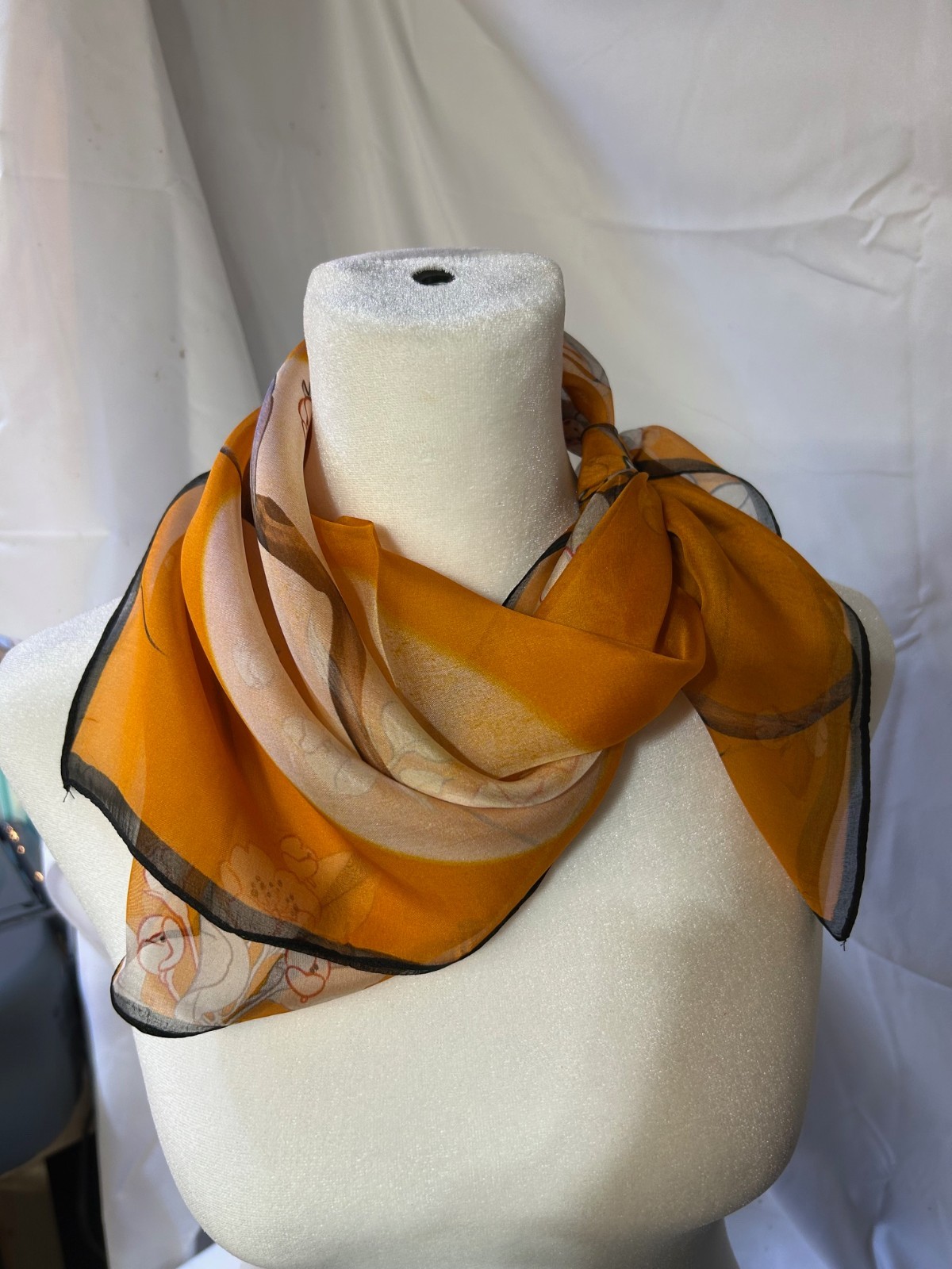 26 Inch Medium Square Orange, Tan and Black Floral Pattern 100% Silk Scarf-SS-33