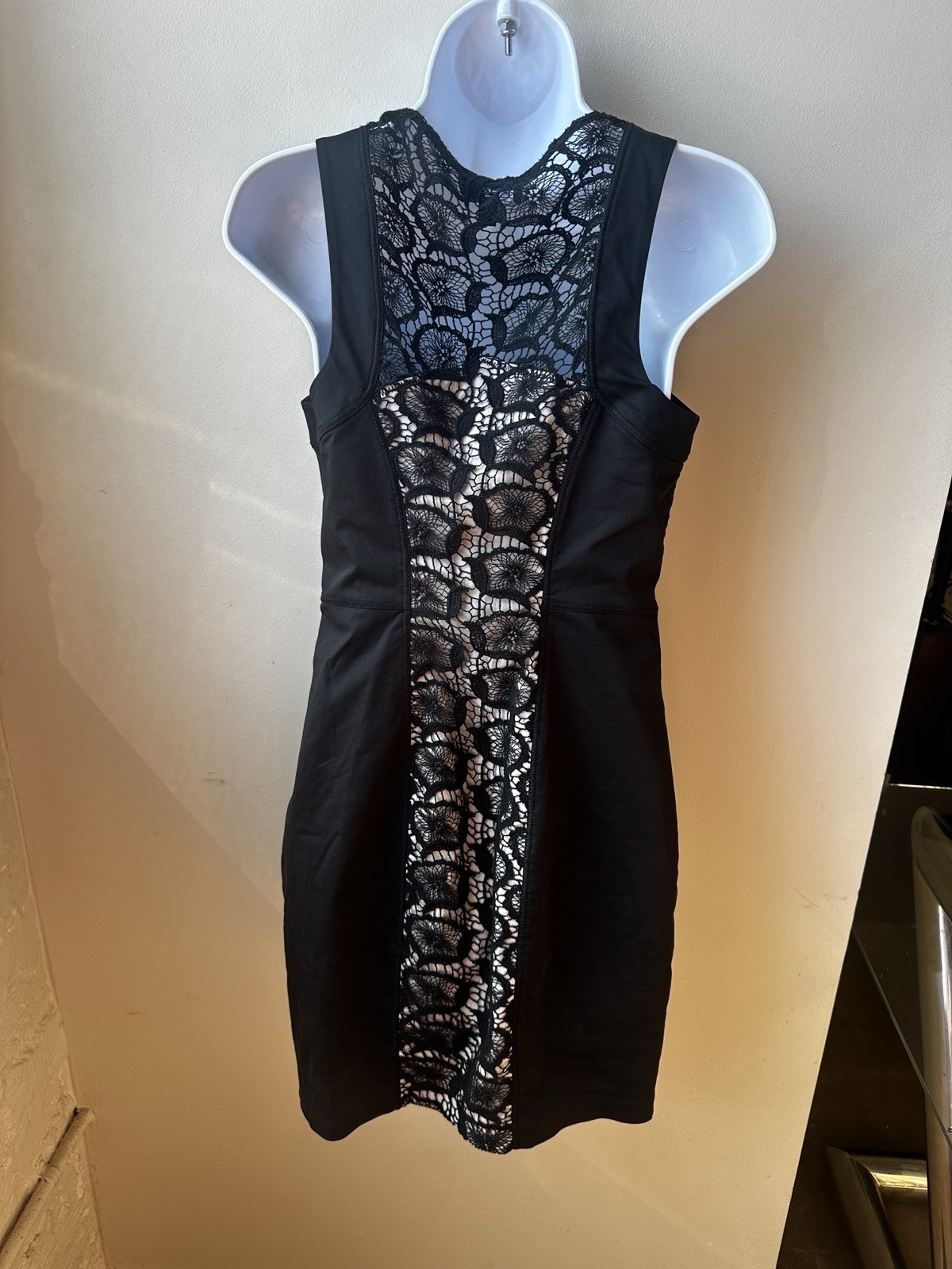 Bebe Black Crochet Overlay Mini Cocktail Dress 4P Y2K Club Sleeveless Bodycon