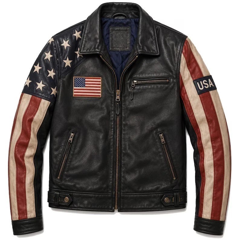 Mens American Flag Leather Jacket USA Flag Motorcycle Biker Genuine Soft Leather