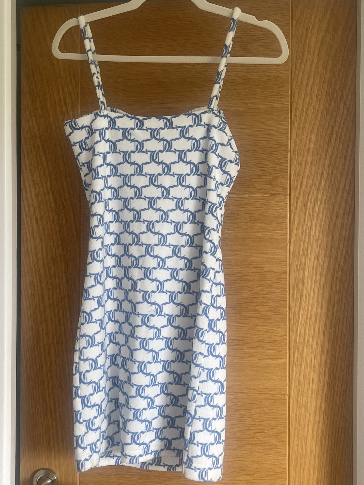 JUICY COUTURE VELOUR STRAPPY MINI DRESS – MONOGRAM PRINT & RHINESTONE LOGO UK S
