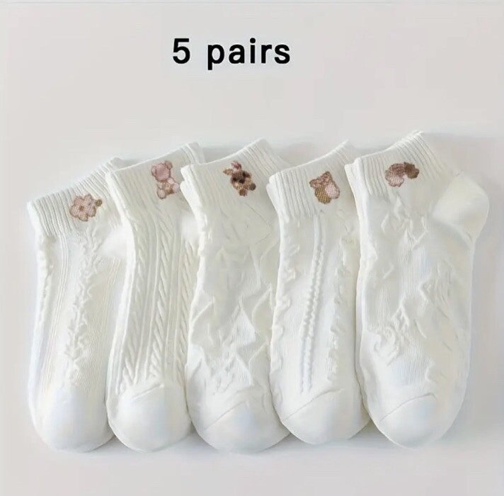 Women’s Cute Cartoon Animal White Pattern Ankle Socks Fashion Sock Set Of 5