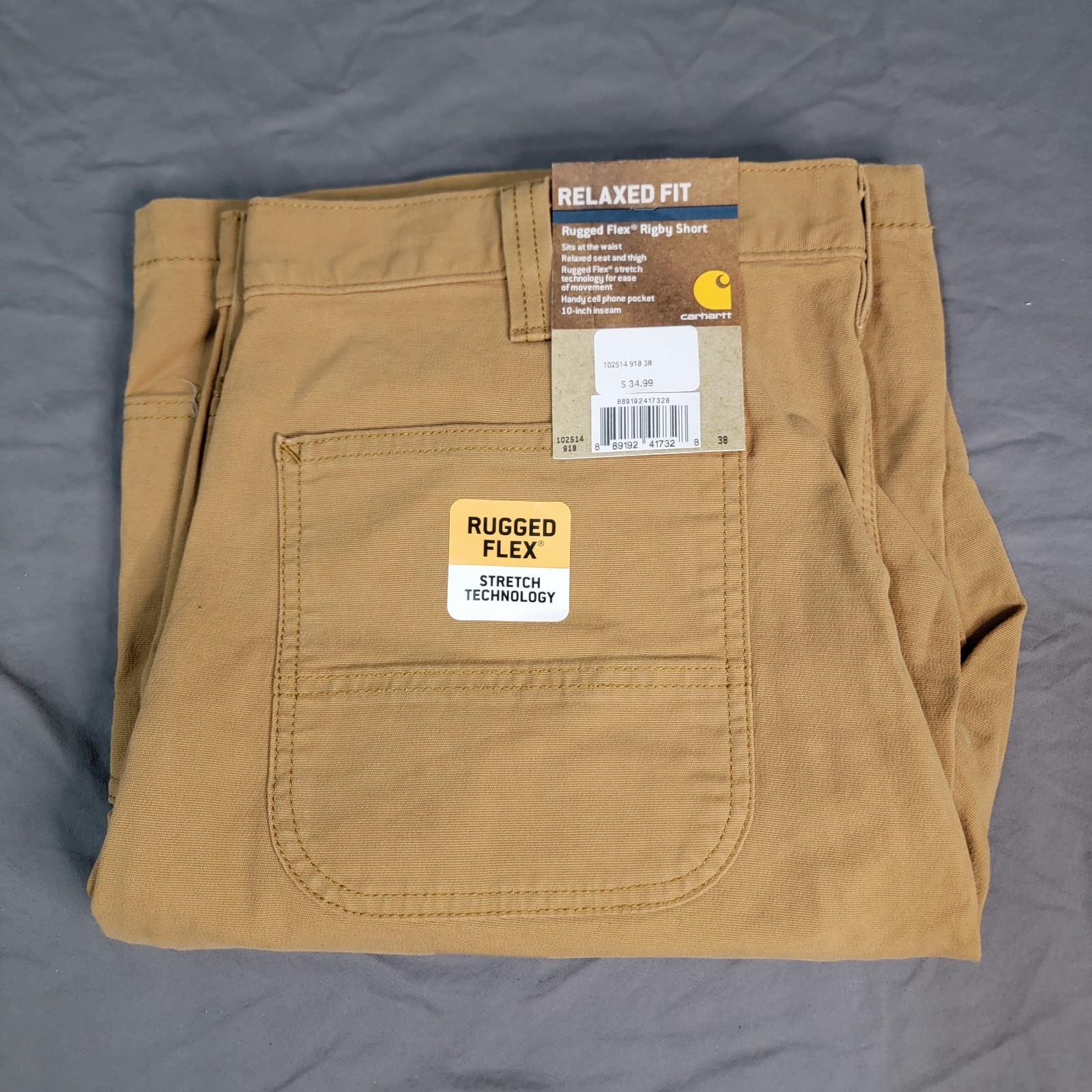 New Carhartt Rugged Flex Rigby Shorts Men’s 36 Tan 10″ Inseam Cell Phone Pocket