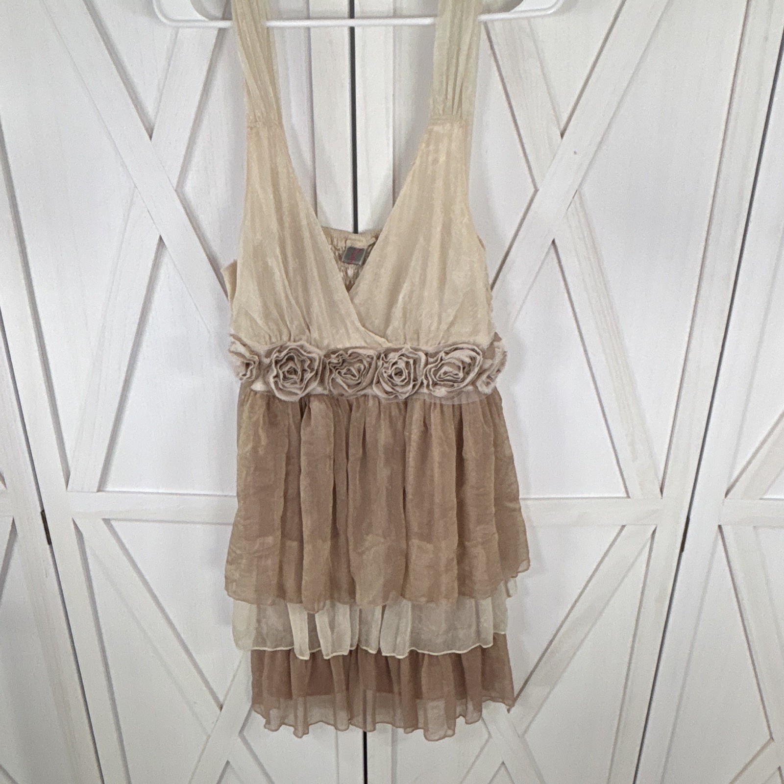 Angie Beige/Brown Solid Chiffon Fit & Flare Dress V-Neck Sleeveless S